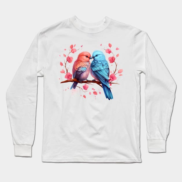 Valentine Kissing Azure Dollar Bird Couple Long Sleeve T-Shirt by Chromatic Fusion Studio